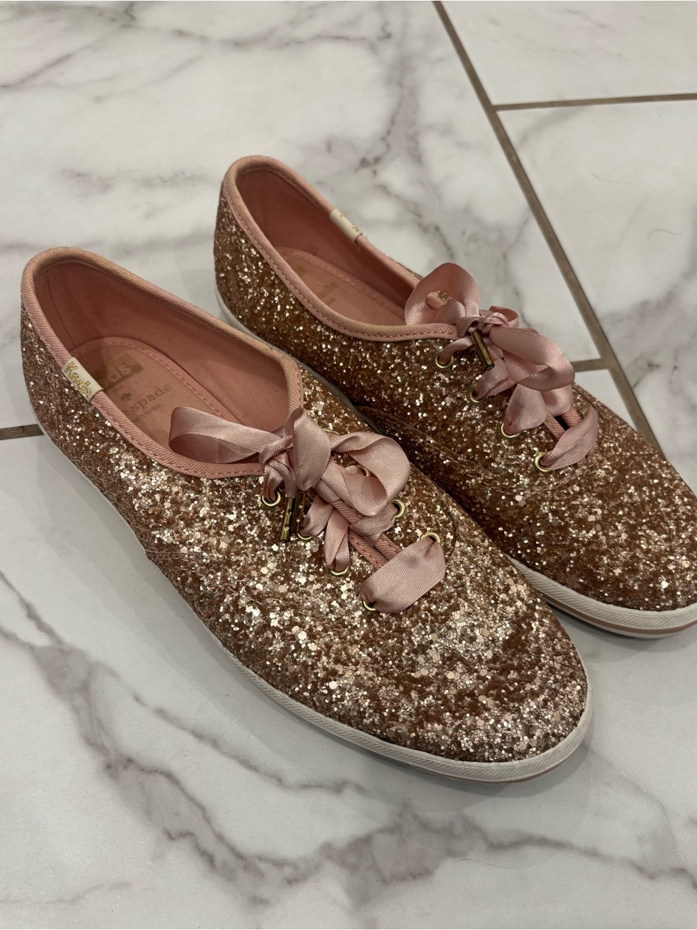 Keds x Kate Spade Rose Gold Glitter Sneakers Satin Laces Size 8